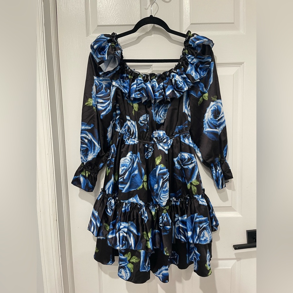 Floral Ruffle Dress with Blue Roses